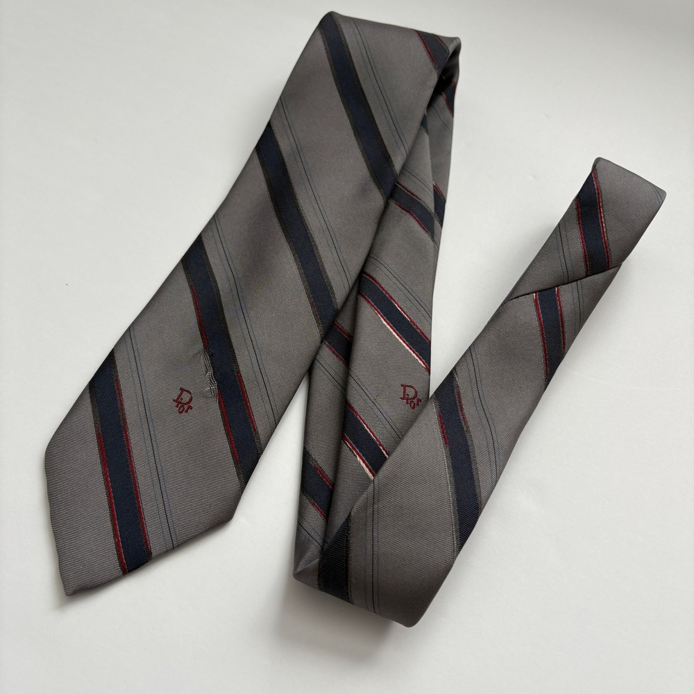 Vintage Christian Dior Paris New York Tie Gray Navy Red Striped CD Logo FLAWED